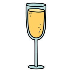 Hand drawn cartoon glass of champagne on white background.