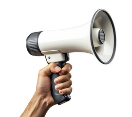 A hand holding a white megaphone with a black handle is isolated on a transparent background.