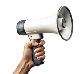A hand holding a white megaphone with a black handle is isolated on a transparent background.