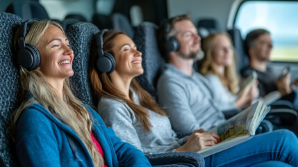 Obraz premium Relaxing Commuters Enjoying Their Time on the Bus with Headphones and Books