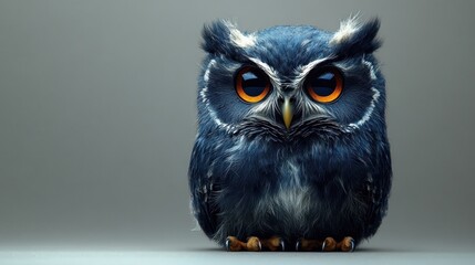 A cute, blue owl with orange eyes sits against a gray background.