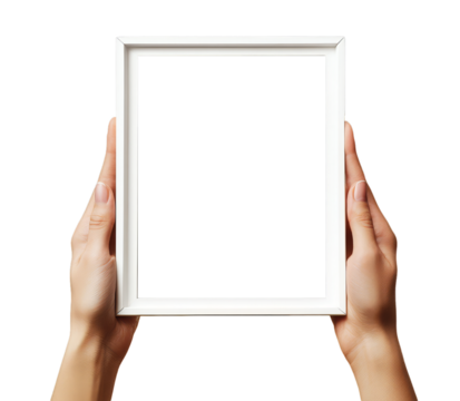 Two hands holding a blank white picture frame are isolated on a transparent background.