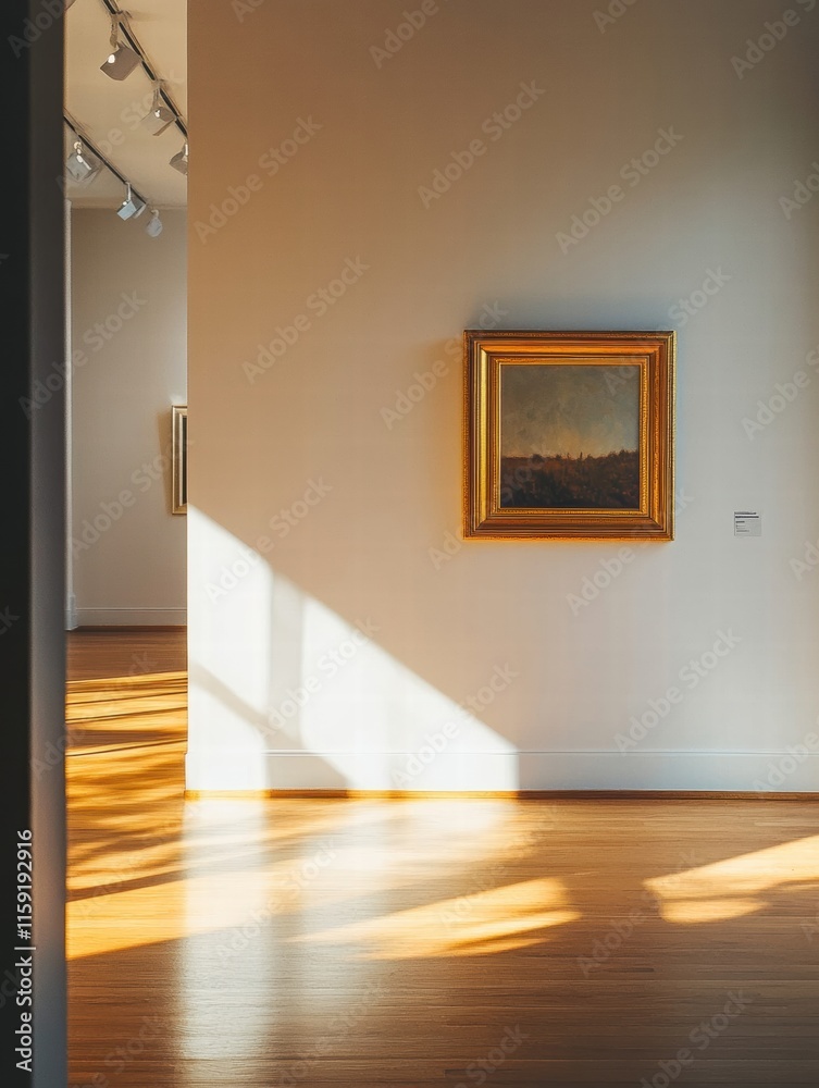 Poster luxurious art gallery featuring elegant lighting and classic artwork in a serene atmosphere. generat