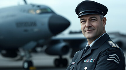 Obraz premium Confident Pilot in Uniform Standing Proudly in Front of Aircraft at Airport