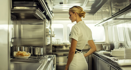 Flight Attendant Preparing Cuisine in Airline Galley During In-Flight Announcement Procedure