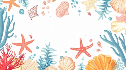 Underwater Themed Card Template with Seashells, Corals, Seaweed, and Starfish