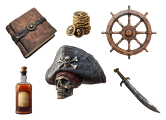 A collection of pirate-themed items, including a book, coins, ship's wheel, bottle, skull with hat, and sword, is isolated on a transparent background.
