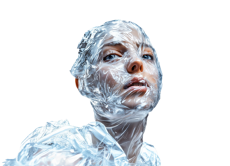 A woman's face and body, covered by a clear plastic bag to raise awareness of environmental hazards, is isolated on a transparent background.