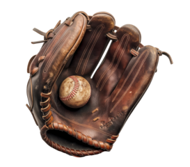 vintage baseball glove with ball isolated on a transparent background, Cut out PNG