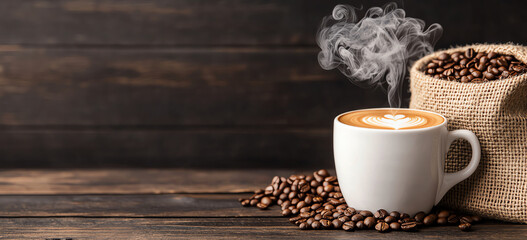 A steaming cup of fresh coffee sits beside a burlap sack spilling aromatic coffee beans, set against a warm wooden background, creating a cozy and inviting atmosphere.