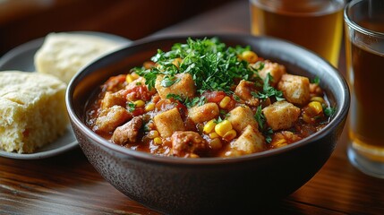 Rustic table featuring a bowl of jambalaya, cornbread, and a refreshing drink.