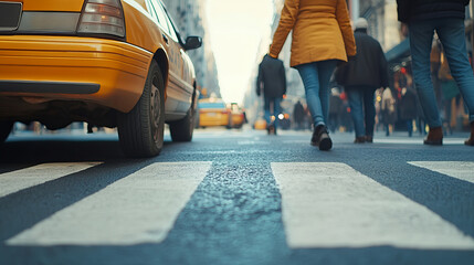 Yellow Taxi Stopping at Crosswalk with Pedestrians Walking in Urban Environment