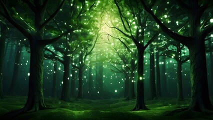 Abstract glowing digital tree, connecting dots, green forest background. Technology, nature concept.
