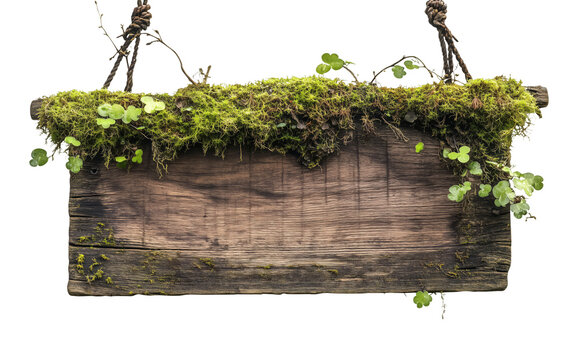A rustic wooden sign covered in moss and small green plants hangs from ropes, isolated on a transparent background.