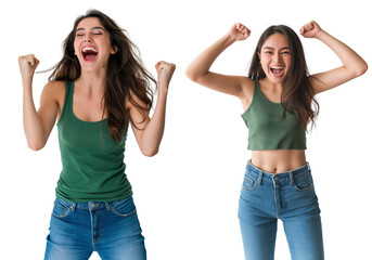 Woman in a green tank top and jeans excitedly celebrating her win isolated on transparent background, cutout PNG