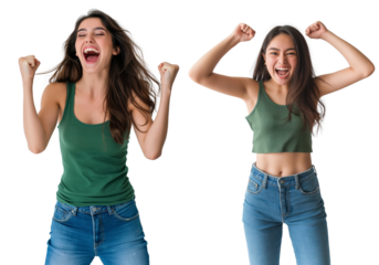 Woman in a green tank top and jeans excitedly celebrating her win isolated on transparent background, cutout PNG