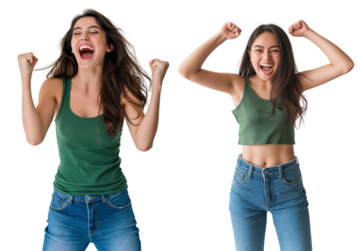 Woman in a green tank top and jeans excitedly celebrating her win isolated on transparent background, cutout PNG
