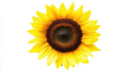 Fototapeta premium An extreme close-up of a sunflower's dark brown center surrounded by golden petals, isolated white background, minimalistic art style