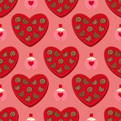 Seamless pattern with heart-shaped chocolate boxes and eau de toilette for Valentine's Day, vector.