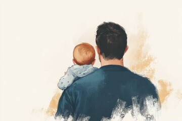 happy father with infant baby on hands back view, illustration with dad and his small son for father's day with space for greeting text