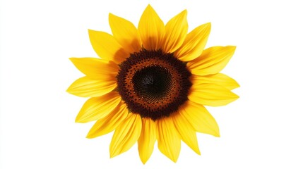 Naklejka premium An extreme close-up of a sunflower's dark brown center surrounded by golden petals, isolated white background, minimalistic art style
