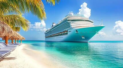 Obraz premium A vibrant beach scene featuring a large cruise ship anchored in clear waters, surrounded by palm trees and a sunny sky.