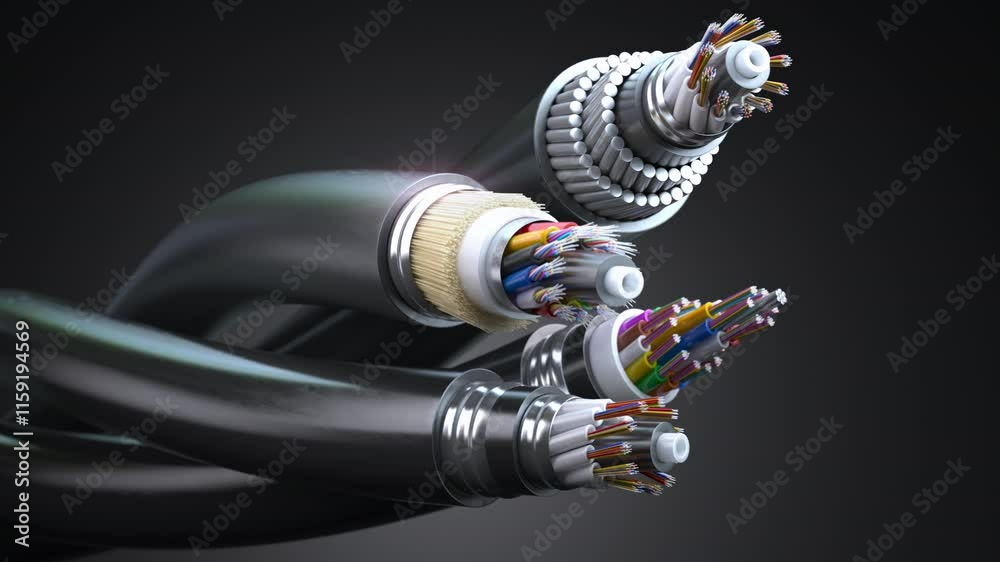Poster fiber optical internet cable of various types. cross section layers structure of fiber cables.