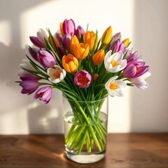 Fototapeta premium Vibrant bouquet of tulips in a glass vase illuminated by soft natural light