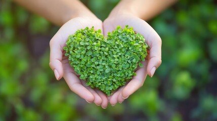 Hands Holding Heart-Shaped Green Plant Representing Nature and Love, selective focus