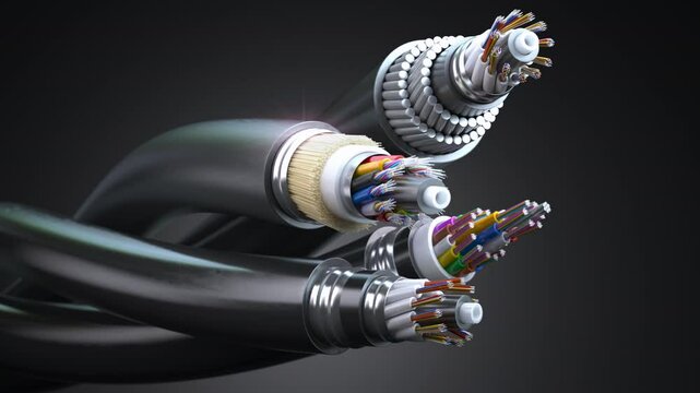 Fiber optical internet cable of various types. Cross section layers structure of fiber cables.