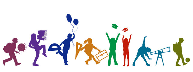 Children silhouettes with school supplies and icons on white background. Vector illustration.	
