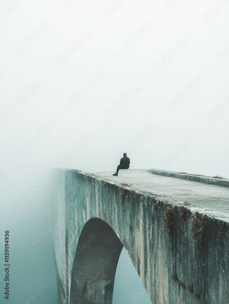 Poster lonely figure seated on a foggy bridge embodies solitude and contemplation in a quiet landscape. gen