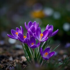 Fototapeta premium Close-up of vibrant purple crocuses blooming in spring, soft focus nature background 