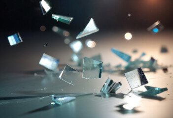 background of broken pieces of glass turned at different angles, flying in space, reflecting glare of light
