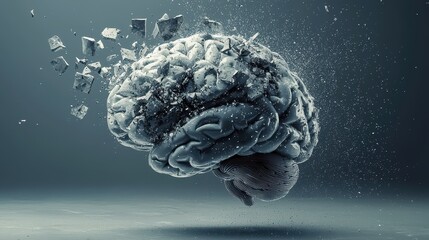 Fragmented brain with pieces floating away, representing thoughts dispersing and creativity