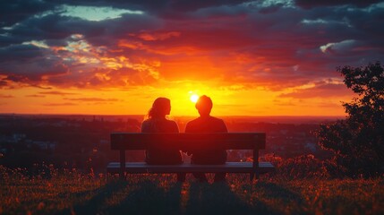 Obraz premium Romantic Sunset Overlook at Hilltop with Couple Holding Hands, Capturing the Essence of Love and Togetherness Against a Vibrant Sky Full of Colors