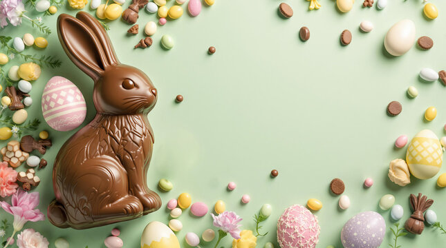 Chocolate easter bunny, eggs and candies on green background. Easter holiday sweets for egg hunt. Greeting card, flyer with copy space. Flat lay, top view