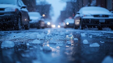 Massive hailstorm blankets city street in ice during winter evening
