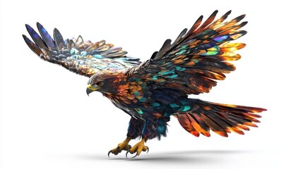 Fototapeta premium A stunningly vibrant eagle in flight, showcasing a blend of colorful feathers. This beautiful bird captures attention with its unique design and artistic flair.