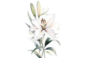 Lily harmony concept. A beautiful white lily flower elegantly blooms among lush green leaves.
