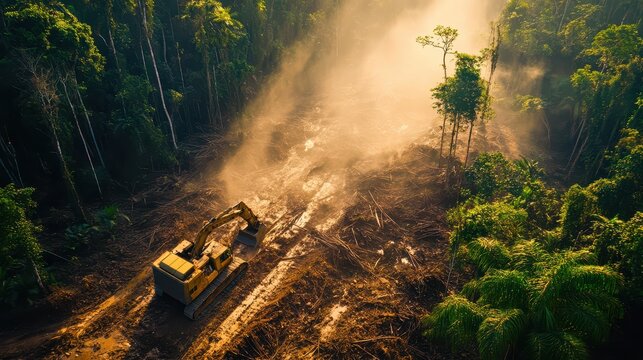 Bulldozing of lush rainforest leads to deforestation and habitat destruction