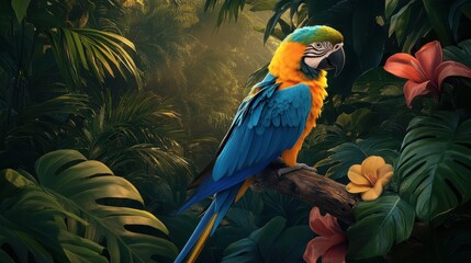 Fototapeta premium A colorful parrot perched in a lush jungle. The vibrant blue and yellow feathers shine. This striking bird stands among rich green leaves and bright flowers.