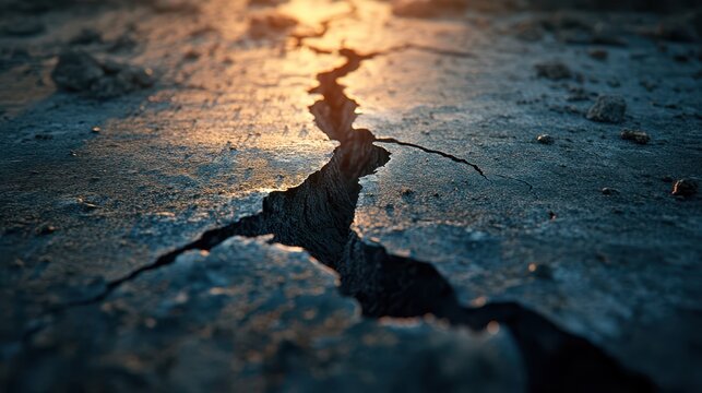 Earthquake causes ground to split open, revealing deep fissures at sunset