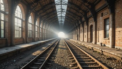 An abandoned railway station with rusted tracks and crumbling brick walls, illuminated by soft morning light.