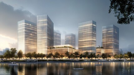 Naklejka premium A row of modern office towers showcases sleek architecture 