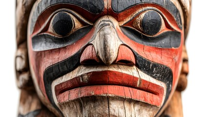 The Eagle Totem stands tall, showcasing intricate carvings in vibrant red, black, and natural wood tones, radiating strength and wisdom.