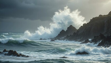 Fototapeta premium A stormy ocean with large waves crashing against jagged rocks, captured in dramatic lighting.