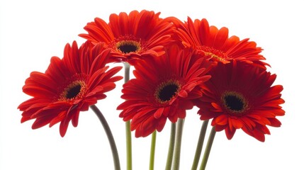 An intimate view of a cluster of red gerbera daisies with their bold petals and vibrant colors, isolated white background, minimalist art style