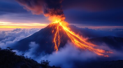 Volcanic eruption unleashes lava and ash into the night sky over the landscape