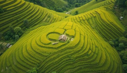 An aerial shot of terraced rice fields, showcasing geometric patterns and vibrant green hues.